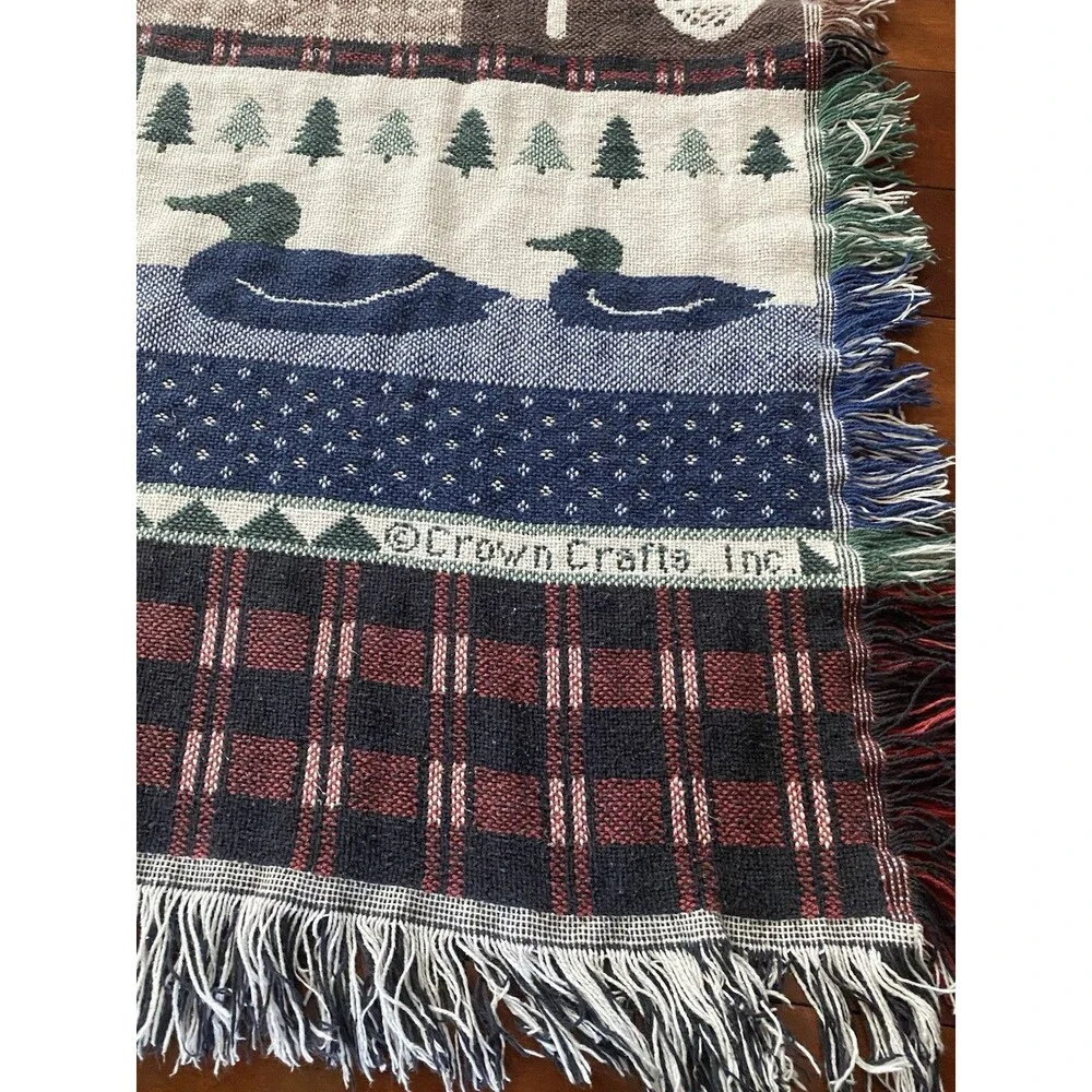 Crown Craft Tapestry Cotton Throw Blanket Cabin Outdoors Fishing Country Cottage